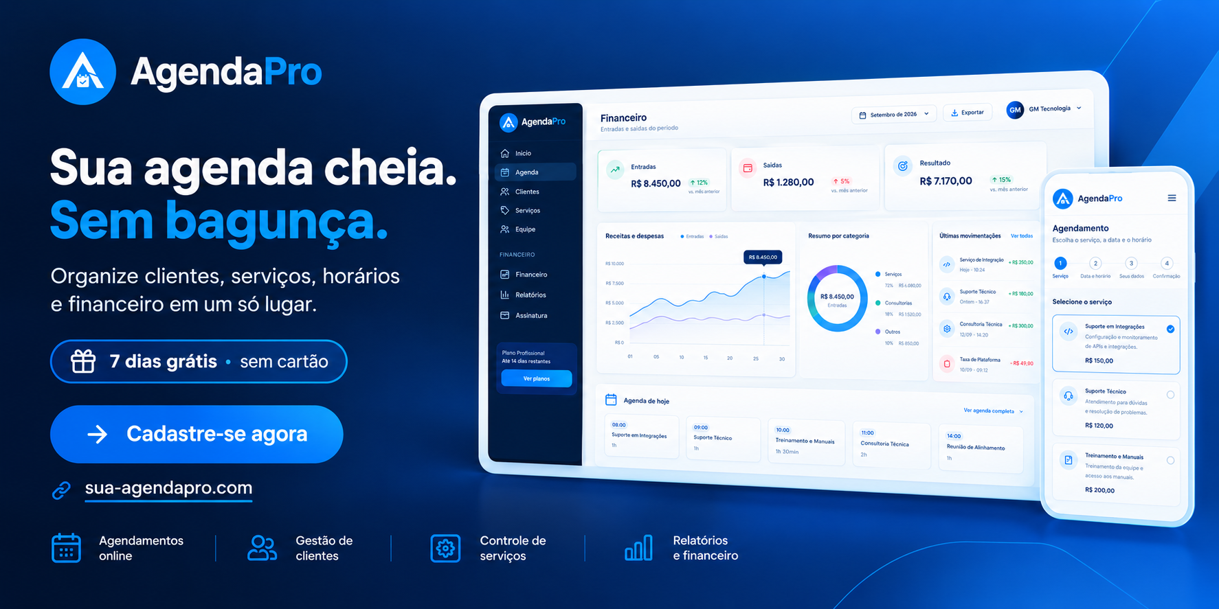 AgendaPro — visão da plataforma em computador e celular